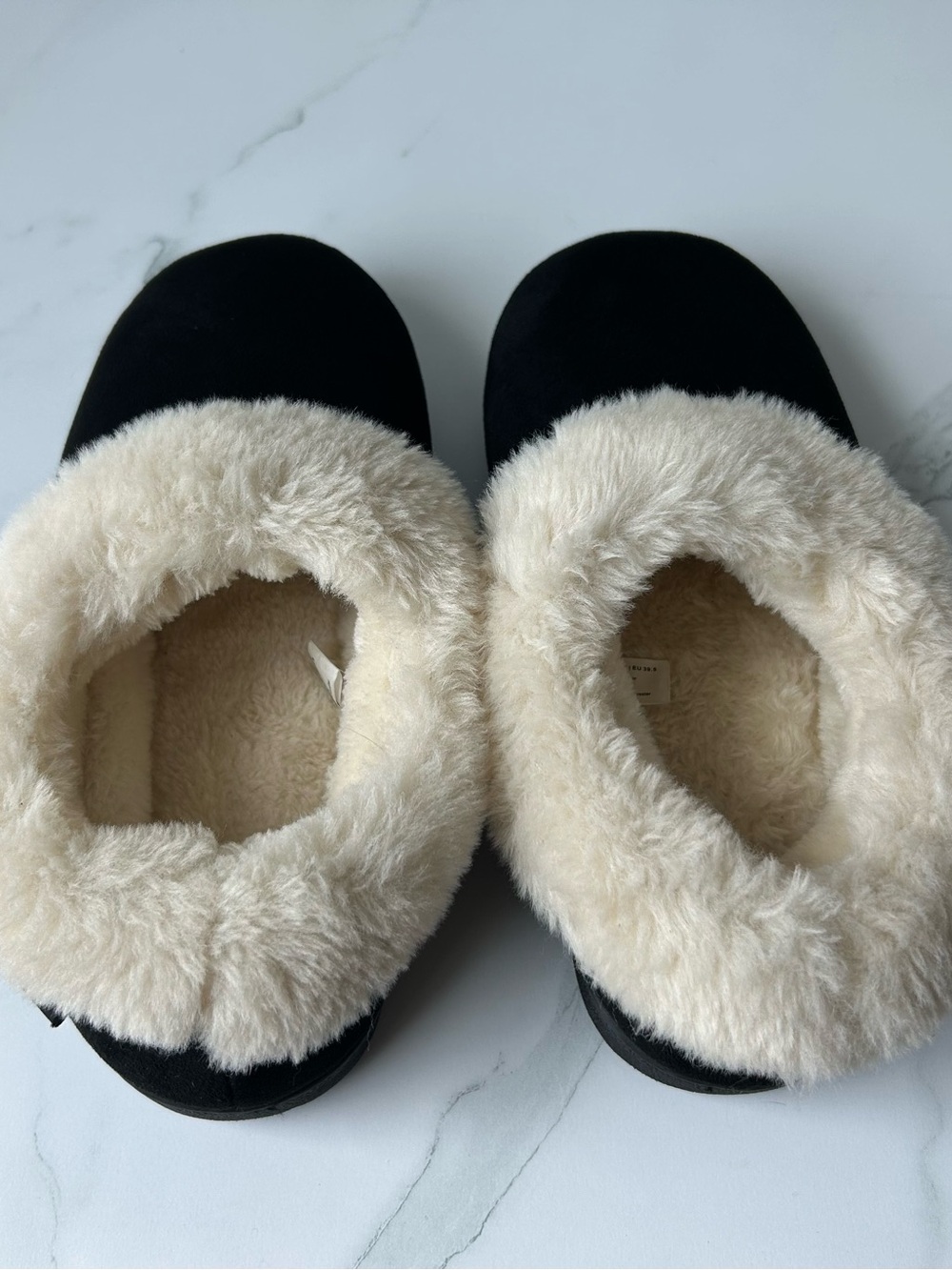 Women's Black Faux-Suede Slip-On Slippers with Cream Faux-Fur Collar - Picture 6 of 7